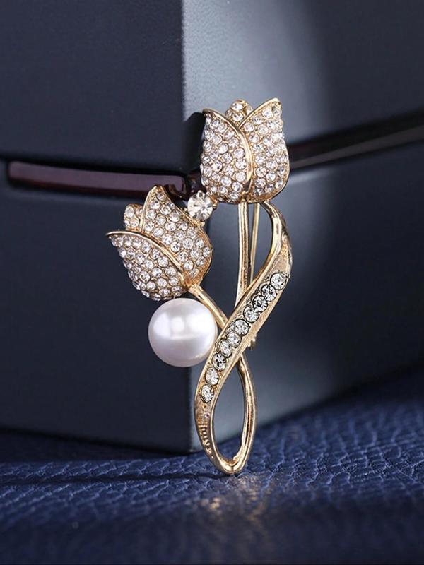 Faux Pearl & Rhinestone Decorated Brooch, Elegant Flower Design Brooch for Women & Men, Fashion Accessories for Party, Daily Clothing Decor