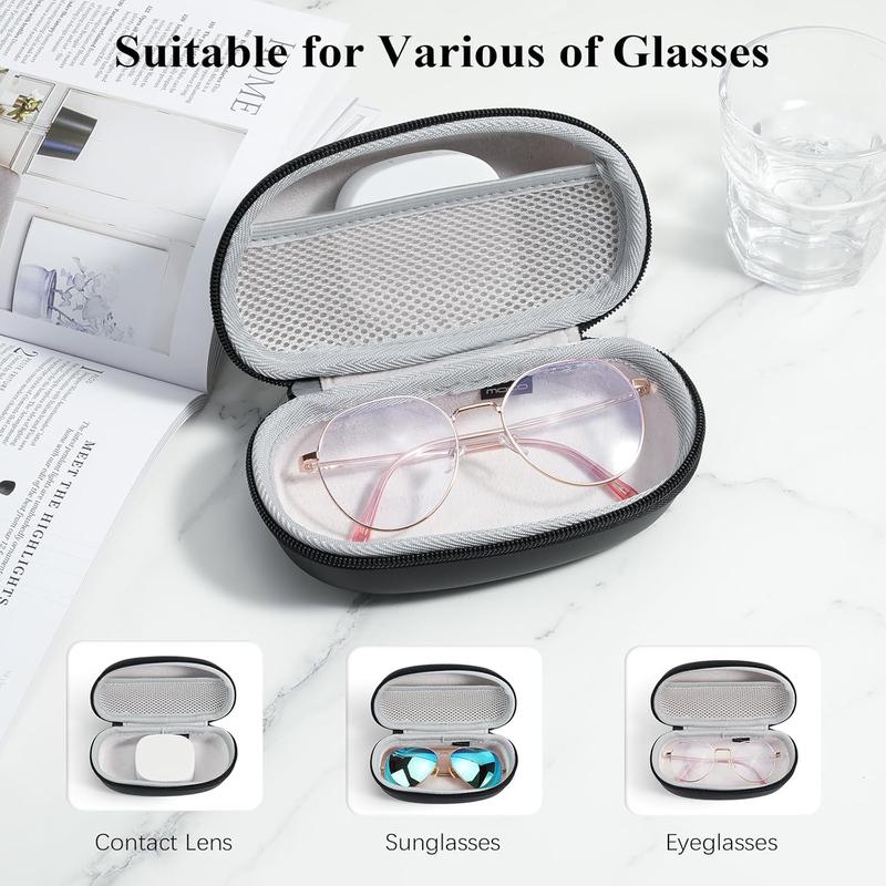 Portable 2 in 1 Contact Lens Case and Glasses Case, Travel Contact Lens Case Kit with Mirror Tweezer Remover, Mesh Pocket, Lightweight Glasses Cases for Women & Men, Black + White