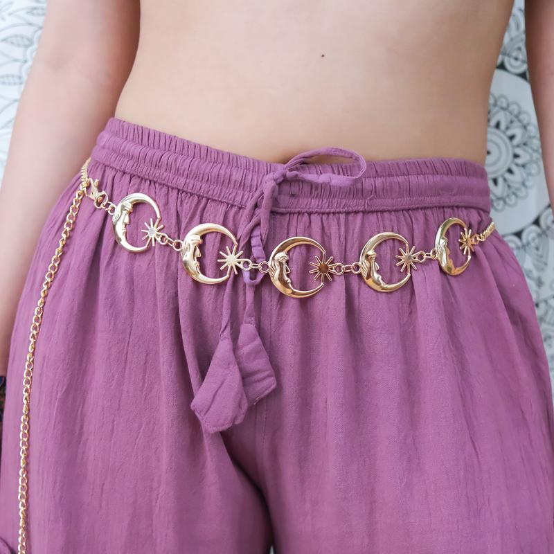 Celestial Chain Belt, Wicca Whimsical Waist, Belt, Costume Jewelry,  Crescent Moon Sun Belts, Hippie Boho Belts, Vintage Witch Belt