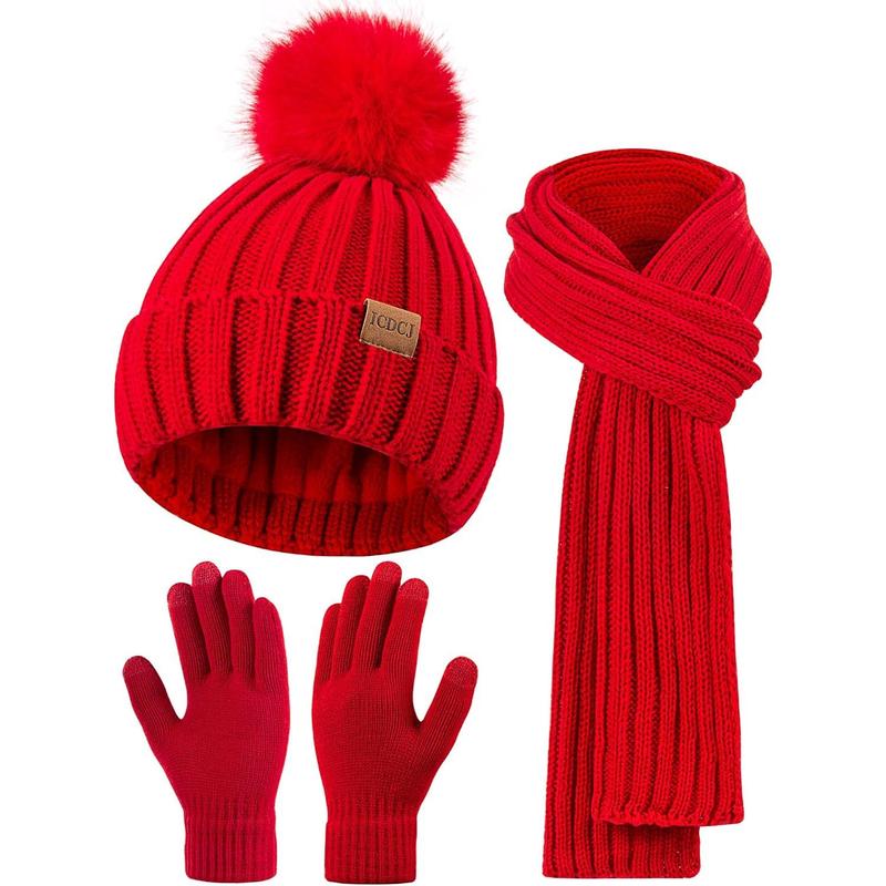 Winter Beanie Hat Scarf Gloves Set for Women Fleece Lined Pompom Hat with Long Knit Scarf, Neck Warmer Touchscreen Gloves