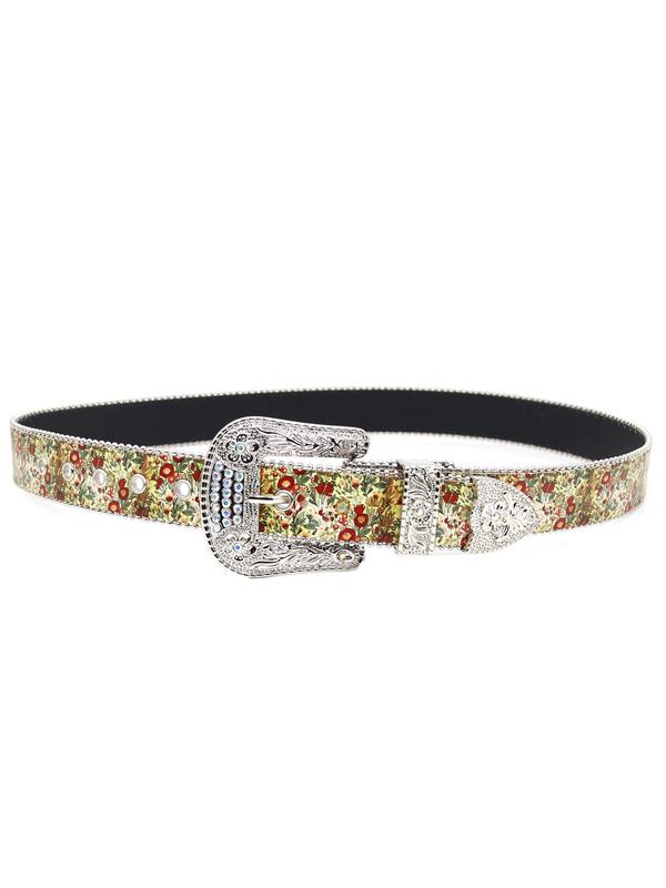 Fashion Floral Pattern Rhinestone Decorated Belt, PU Buckle Belt for Men & Women, Punk Style Waistband for Party, Daily Clothing Decor, Trendy All-match & Exquisite Belt for Birthday Gift