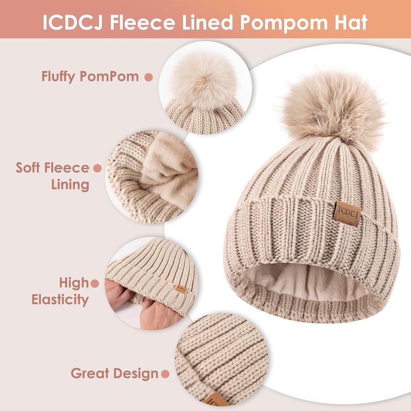 Winter Beanie Hat Scarf Gloves Set for Women Fleece Lined Pompom Hat with Long Knit Scarf, Neck Warmer Touchscreen Gloves