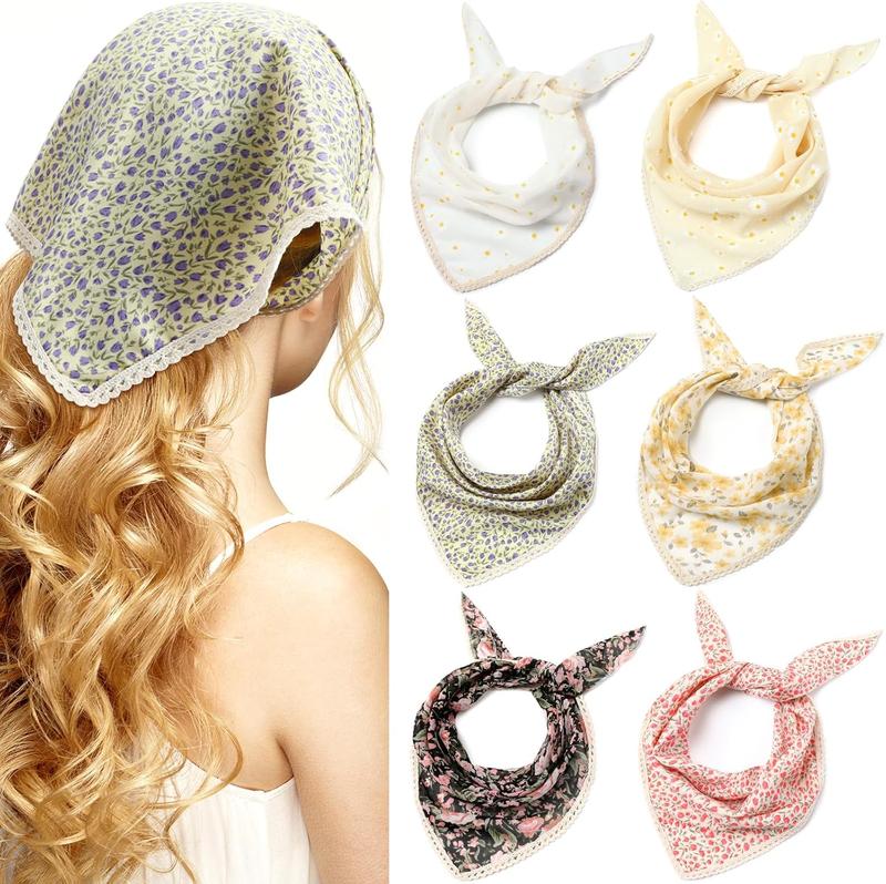 6 count Floral Hair Bandanas  Kerchief Women Bandana Print Chiffon Hair Scarf Triangle Hair Kerchief with Ties