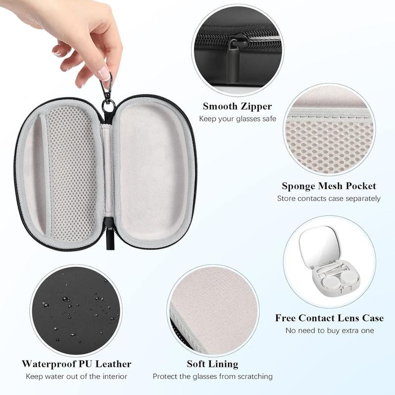 Portable 2 in 1 Contact Lens Case and Glasses Case, Travel Contact Lens Case Kit with Mirror Tweezer Remover, Mesh Pocket, Lightweight Glasses Cases for Women & Men, Black + White