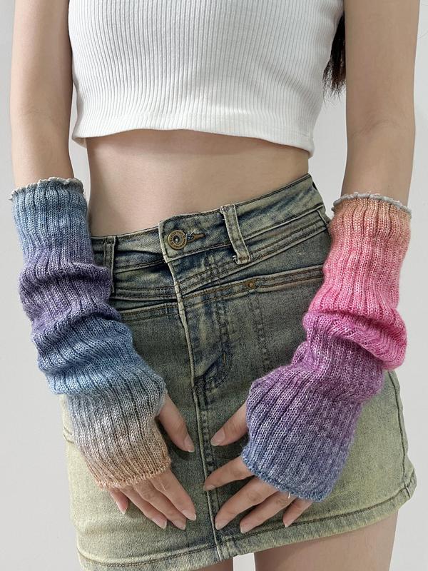 Women's Tie Dye Knit Gloves, Casual Y2k Style Warm Fingerless Gloves for Fall & Winter, Fashion Accessories for Women & Girls