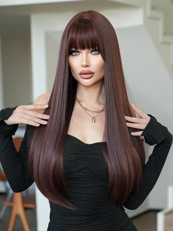 Fashion Gradual Color Design Long Straight Wigs for Women, 28 Inch Gorgeous Fluffy Wigs with Bangs, Synthetic Full Machine Wigs for Party, Daily Use