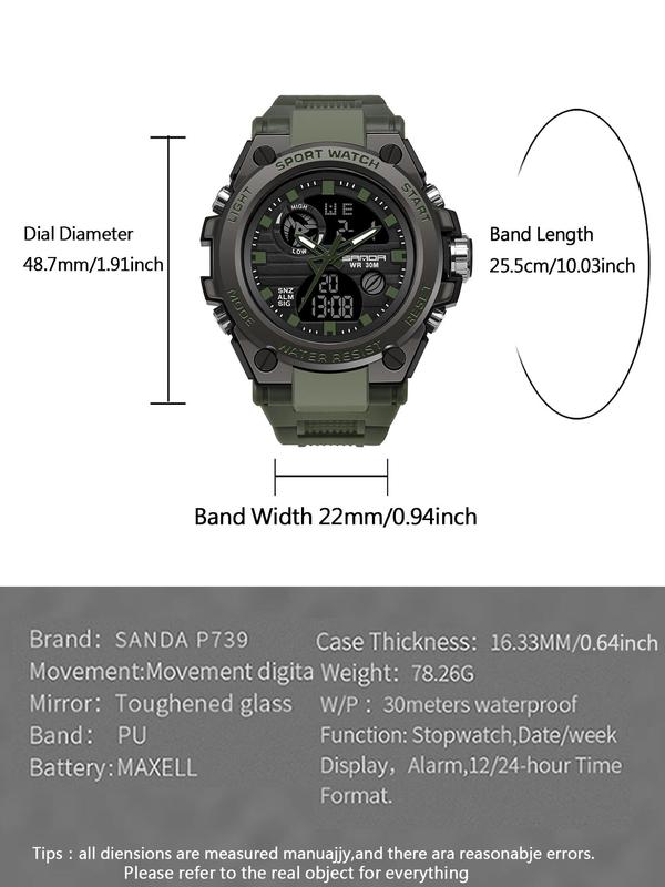 Men's Sportive Digital Analog Quartz Watch, Fashionable Digital Watch with Led Luminous Dial & Alarm Mode, Trendy Waterproof Watch for Daily Life, with Box