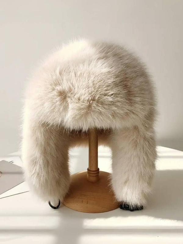 Solid Color Faux Fur Hat, Casual Outdoor Climbing Warm Hat with Earmuffs, Warm Knitted Hat for Fall & Winter, Fashion Accessories for Men & Women