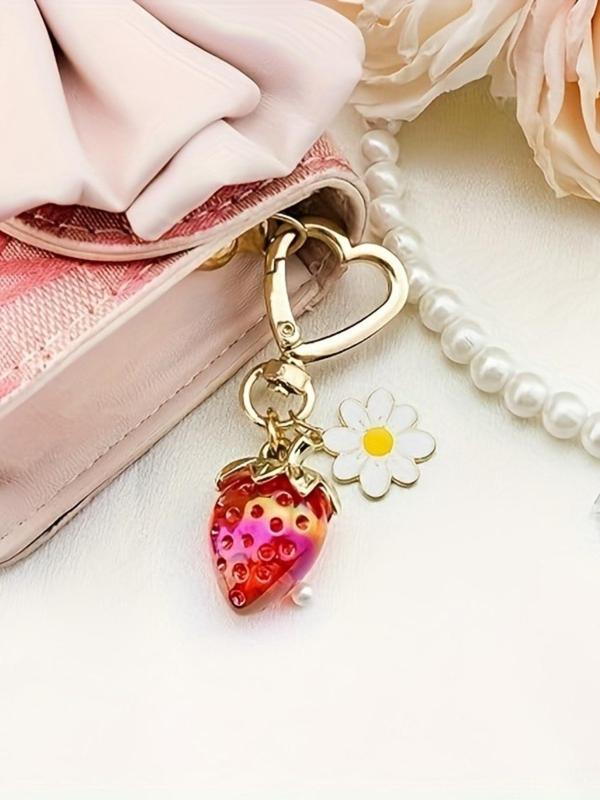 Cute Strawberry & Flower Design Keychain, Fashionable Keychain for Women & Girls, Trendy All-match & Exquisite Keychain for Birthday Gift