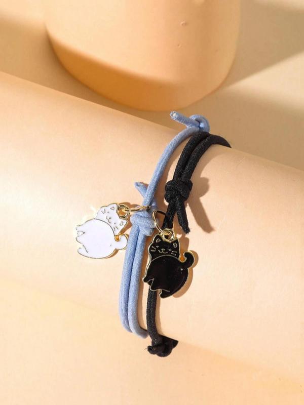 Cute Cartoon Cat Charm Magnetic Knot Rope Bracelet, 2pcs Fashion Matching Bracelet Accessories for Both Men & Women, Chic Gift for Couple & Friends