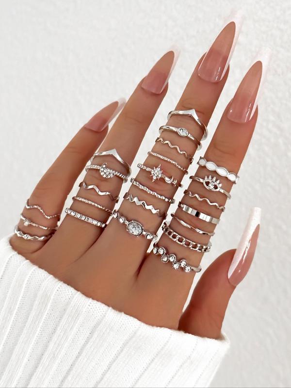 Women's Elegant Rhinestone Decorated Rings Set (23pcs set), Star & Moon & Braid & Eye & Hollow Out Design Rings for Women, Party, Daily Birthday Gift