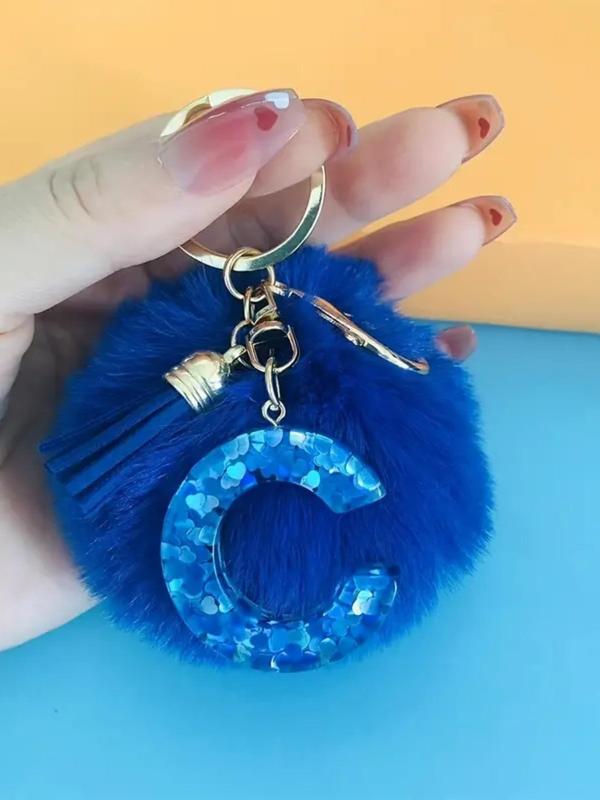 Letter & Pom Pom Design Keychain, Cute Plush Keychain, Fashionable Keychain for Women & Girls, Trendy Accessories for Daily Use