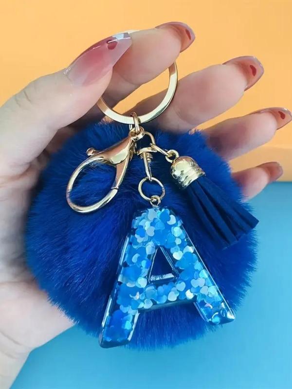 Letter & Pom Pom Design Keychain, Cute Plush Keychain, Fashionable Keychain for Women & Girls, Trendy Accessories for Daily Use