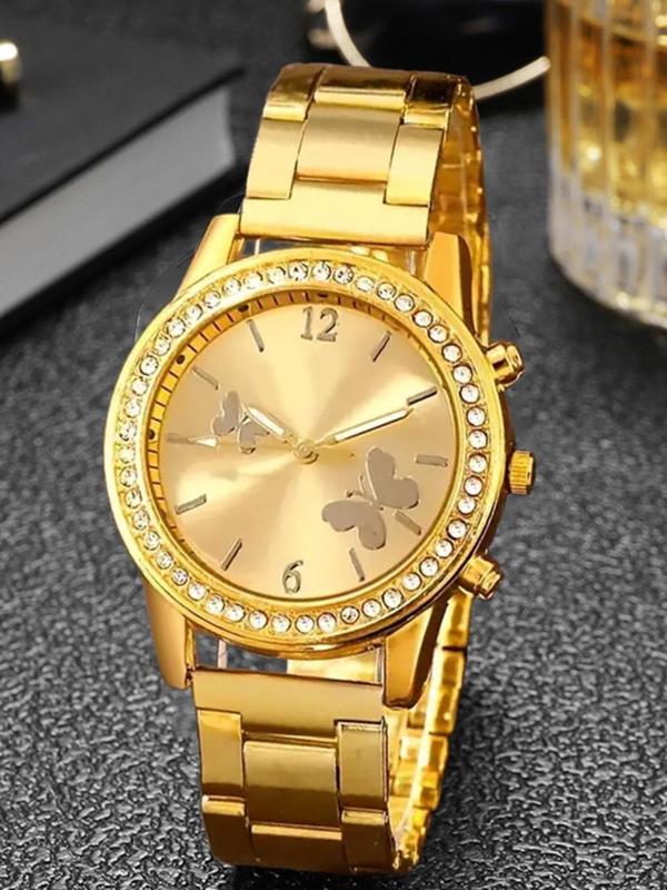 Women's Elegant Rhinestone Decorated Watch & Jewelry Set, Including Round Dial Watch & Bracelet & Pendant Necklace & Ring & Stud Earrings, Fashion Watch Set for Party, Daily Decor