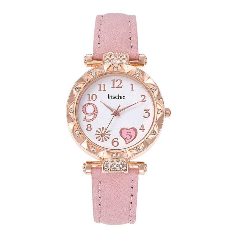 1pc Pink Dial With White Face Mixed Scale Design Watch, With Rhinestone Heart Detail