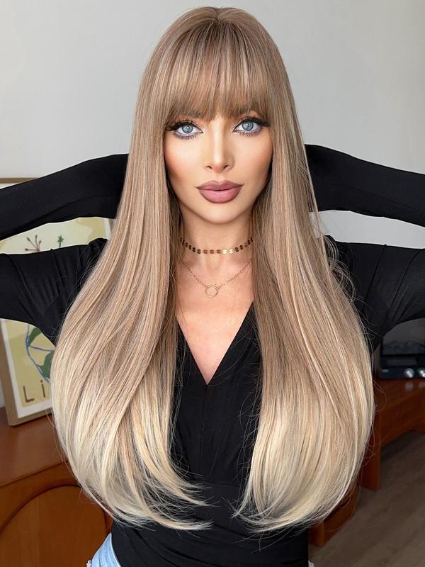 Fashion Gradual Color Design Long Straight Wigs for Women, 28 Inch Gorgeous Fluffy Wigs with Bangs, Synthetic Full Machine Wigs for Party, Daily Use