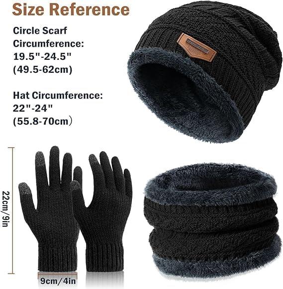 Winter Hat Beanie Scarf Touchscreen Gloves Set for Men Women, Skull Cap Gloves  Warmer Set with Fleece Lined