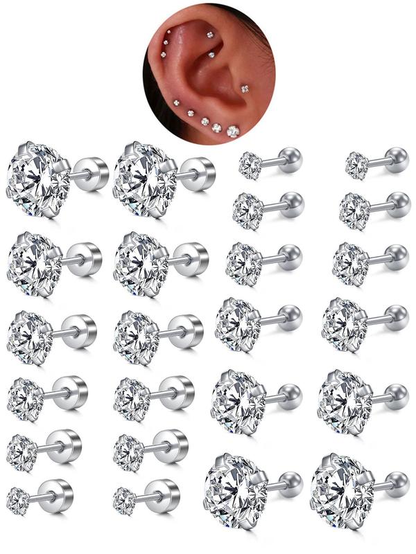 Unisex Rhinestone Decor Stud Earrings, 12 Pairs Stainless Steel Cartilage Earrings for Women & Girls, Trendy All-match Exquisite Jewelry As Birthday Gift, Piercing Earrings, Body Piercing Jewelry