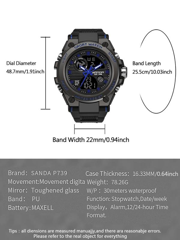 Men's Sportive Digital Analog Quartz Watch, Fashionable Digital Watch with Led Luminous Dial & Alarm Mode, Trendy Waterproof Watch for Daily Life, with Box