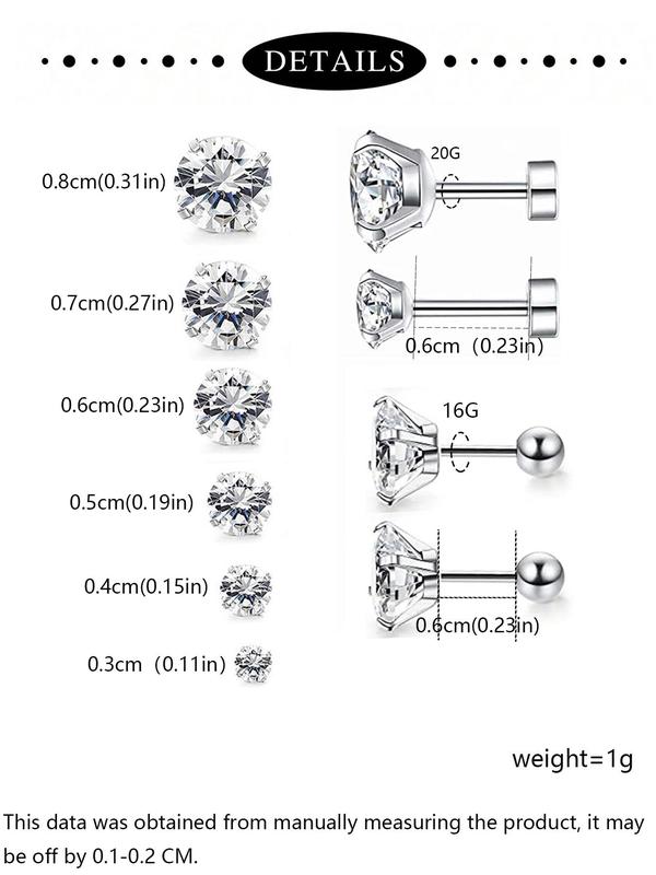 Unisex Rhinestone Decor Stud Earrings, 12 Pairs Stainless Steel Cartilage Earrings for Women & Girls, Trendy All-match Exquisite Jewelry As Birthday Gift, Piercing Earrings, Body Piercing Jewelry