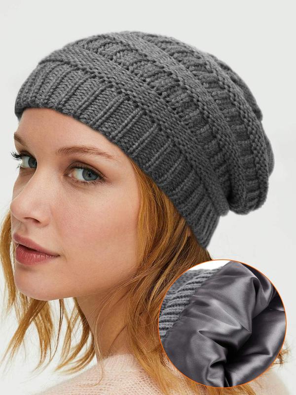 Women's Solid Color Knit Beanie Hat with Satin Lining, Casual Thick Warm Hat for Fall & Winter, Fashion Accessories for Women & Girls