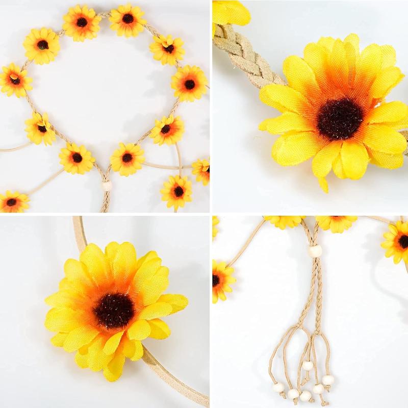 2pcs Flower Hippie Headband Floral Crown Summer Sunflower Hair Accessories for 70 s Bohemian Costumes Style