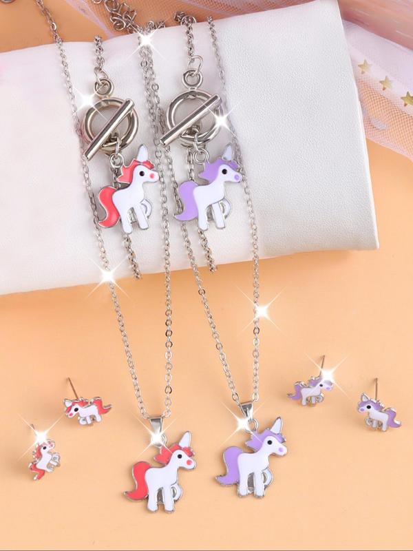 Cute Cartoon Unicorn Design Jewelry Set, 8 Counts Fashion Alloy Pendant Necklace & Bracelet & Stud Earrings Set for Women & Girls, Exquisite Jewelry for Birthday Gift, Back to School Accessories