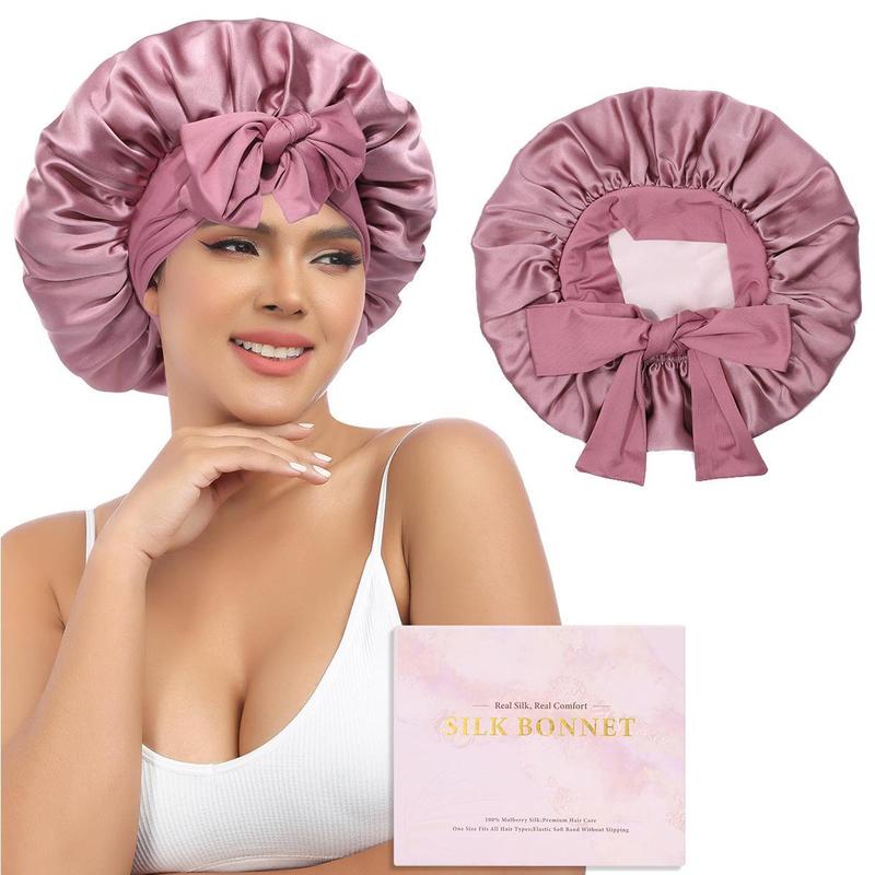 AWAYTR Silk Bonnet for Sleeping Women 100% Mulberry Silk Double Layered Bonnet with Tie Band Reversible Hair Bonnet Sleeping Hair Wrap