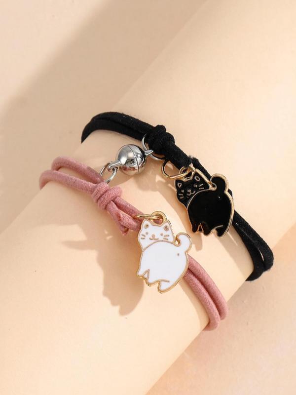 Cute Cartoon Cat Charm Magnetic Knot Rope Bracelet, 2pcs Fashion Matching Bracelet Accessories for Both Men & Women, Chic Gift for Couple & Friends