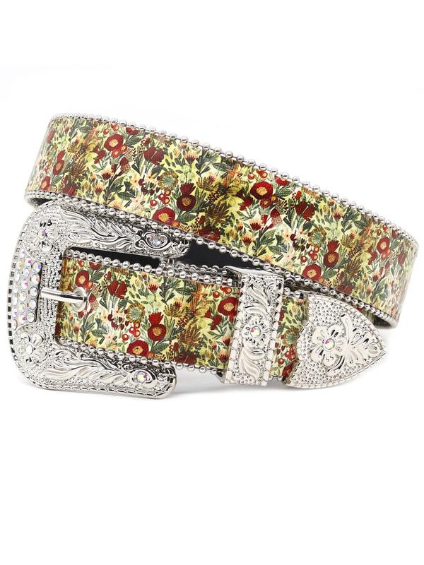 Fashion Floral Pattern Rhinestone Decorated Belt, PU Buckle Belt for Men & Women, Punk Style Waistband for Party, Daily Clothing Decor, Trendy All-match & Exquisite Belt for Birthday Gift