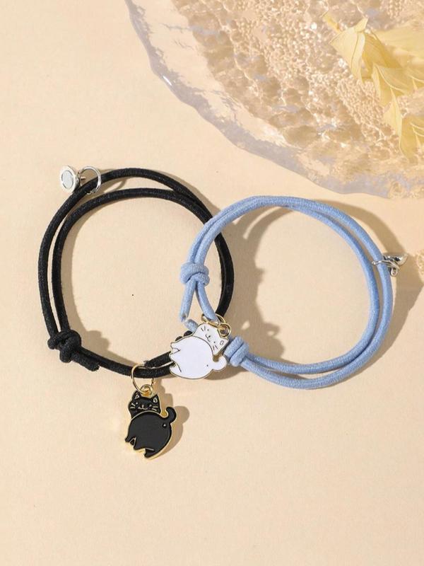 Cute Cartoon Cat Charm Magnetic Knot Rope Bracelet, 2pcs Fashion Matching Bracelet Accessories for Both Men & Women, Chic Gift for Couple & Friends