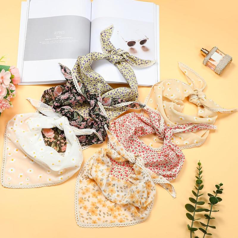 6 count Floral Hair Bandanas  Kerchief Women Bandana Print Chiffon Hair Scarf Triangle Hair Kerchief with Ties