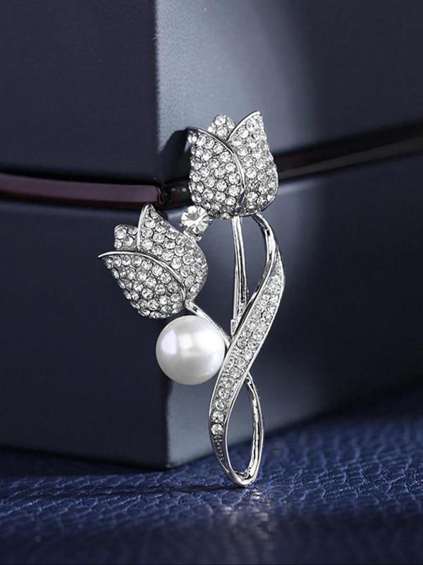 Faux Pearl & Rhinestone Decorated Brooch, Elegant Flower Design Brooch for Women & Men, Fashion Accessories for Party, Daily Clothing Decor