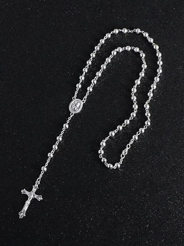 Summer Beaded Decor Cross Pendant Necklace for Men & Women, Stainless Steel Jewelry for Party, Daily Clothing Decor, Trendy All-match & Exquisite Jewelry for Birthday Gift