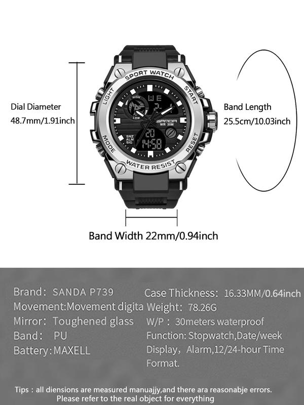 Men's Sportive Digital Analog Quartz Watch, Fashionable Digital Watch with Led Luminous Dial & Alarm Mode, Trendy Waterproof Watch for Daily Life, with Box