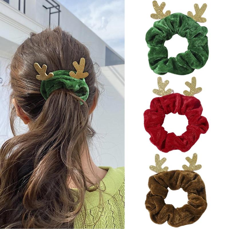 3 count Christmas Hair Scrunchies Silk Christmas Hair Ties Elastic with Christmas Elk Antler Soft Elastic Hair Bands Red Green Hair Ties Red Green Brown Ponytail Holders for Women Girls