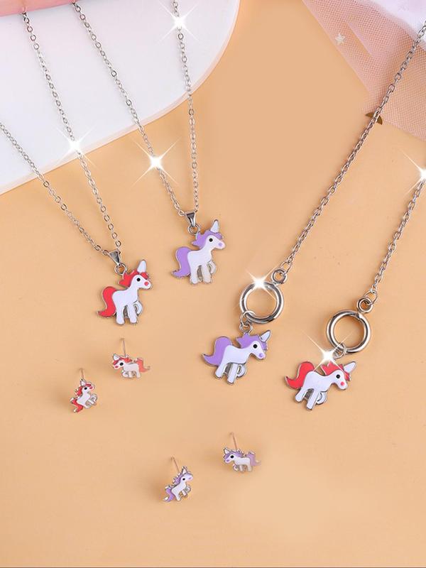 Cute Cartoon Unicorn Design Jewelry Set, 8 Counts Fashion Alloy Pendant Necklace & Bracelet & Stud Earrings Set for Women & Girls, Exquisite Jewelry for Birthday Gift, Back to School Accessories