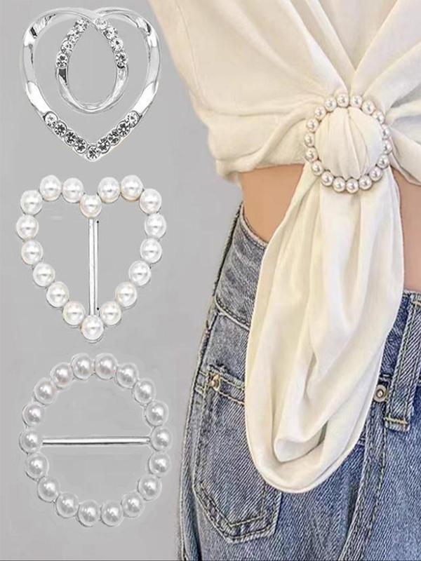 Elegant Faux Pearls & Rhinestone Decor Tie Clips, Heart Shaped & Round Shaped Clothes Tie Clip, Unisex Exquisite Clothes Accessories for Summer Daily Wear