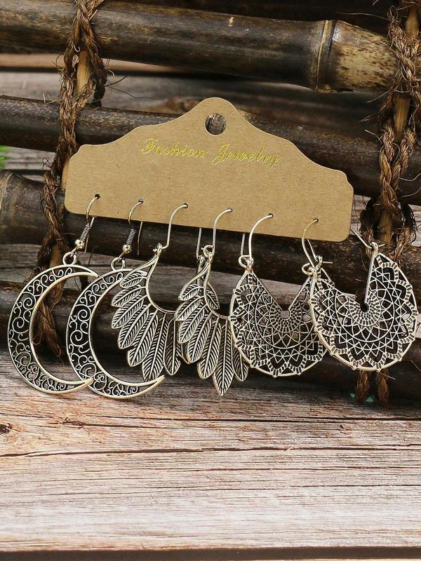 Boho Ethnic Style Hollow out Design Earrings (3 Pairs), Vintage Style Multi-style Antique Geometric Shape Matching Outfits for Party, Daily Clothing Decor