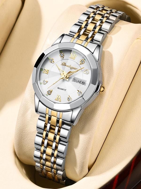 Women's Elegant Rhinestone Decorated Analog Quartz Watch, Fashionable Round Dial Stainless Steel Strap Watch for Women & Girls, Trendy Watch for  Gift with Box