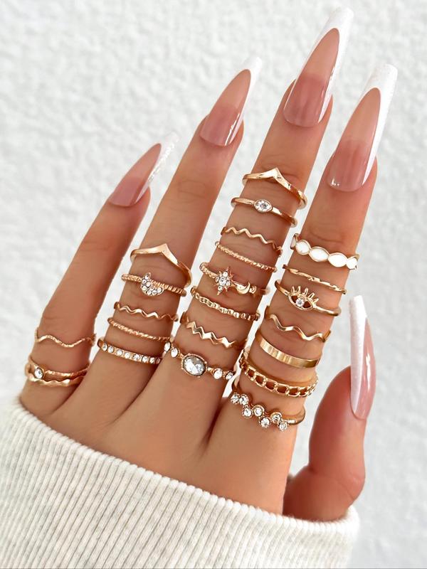 Women's Elegant Rhinestone Decorated Rings Set (23pcs set), Star & Moon & Braid & Eye & Hollow Out Design Rings for Women, Party, Daily Birthday Gift