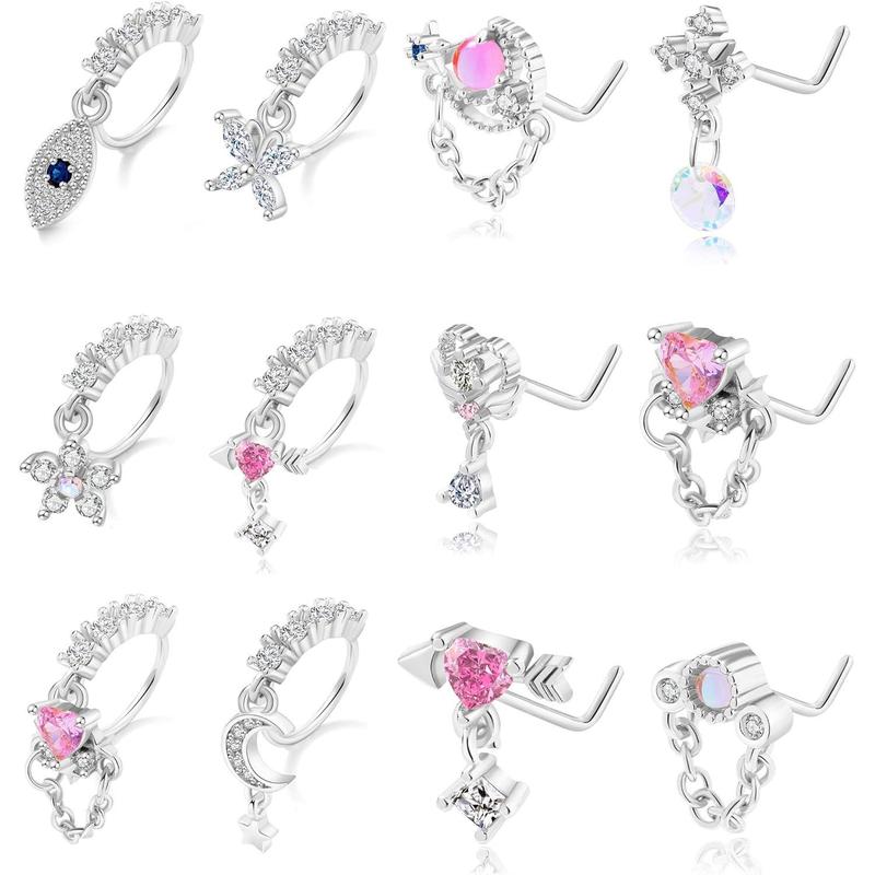 12 Dangle Nose Rings for Women Surgical Steel L Shape Nose Stud Rings Cute Flower Butterfly Heart Evil Eye Opal CZ Dangling Nose Piercing Jewelry