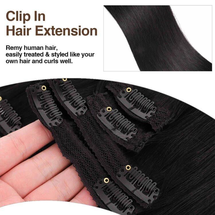 Tahikie  Natural Black Color Straight Clip in Hair Extensions Human Hair 8pcs Per Set with 18Clips Double Drop