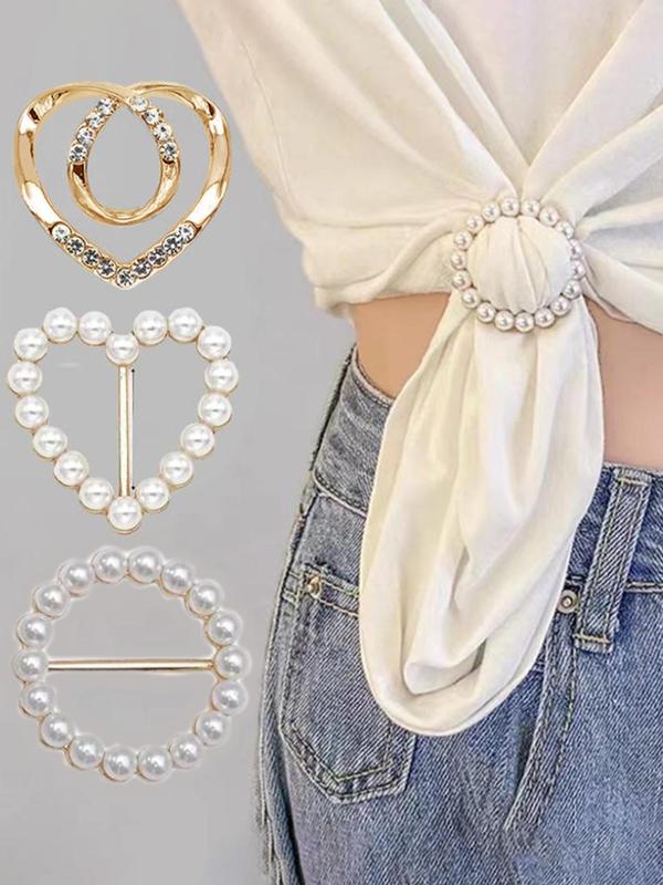 Elegant Faux Pearls & Rhinestone Decor Tie Clips, Heart Shaped & Round Shaped Clothes Tie Clip, Unisex Exquisite Clothes Accessories for Summer Daily Wear