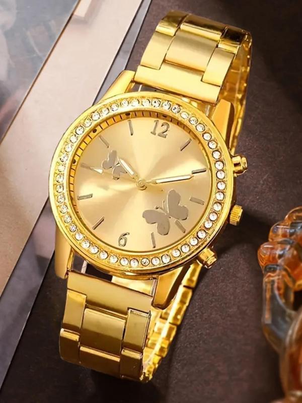 Women's Elegant Rhinestone Decorated Watch & Jewelry Set, Including Round Dial Watch & Bracelet & Pendant Necklace & Ring & Stud Earrings, Fashion Watch Set for Party, Daily Decor