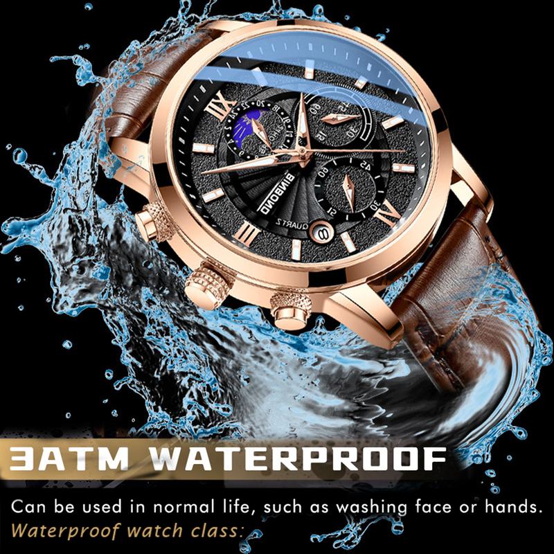 BINBOND Business Outdoor Fashion Waterproof Quartz Men's reloj para hombre s and a cool watches Dial Quartz Watch Men's Round Men's Leather