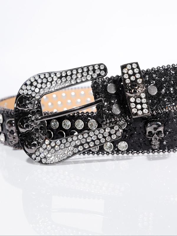 Fashion Rhinestone & Skull Decorated Bling Bling Pu Buckle Designer Belt, 2024 New Trendy Punk Western Belt for Women, Cowgirl Matching Waistband, All-match Cool Female Male Goth Clothes Accessories