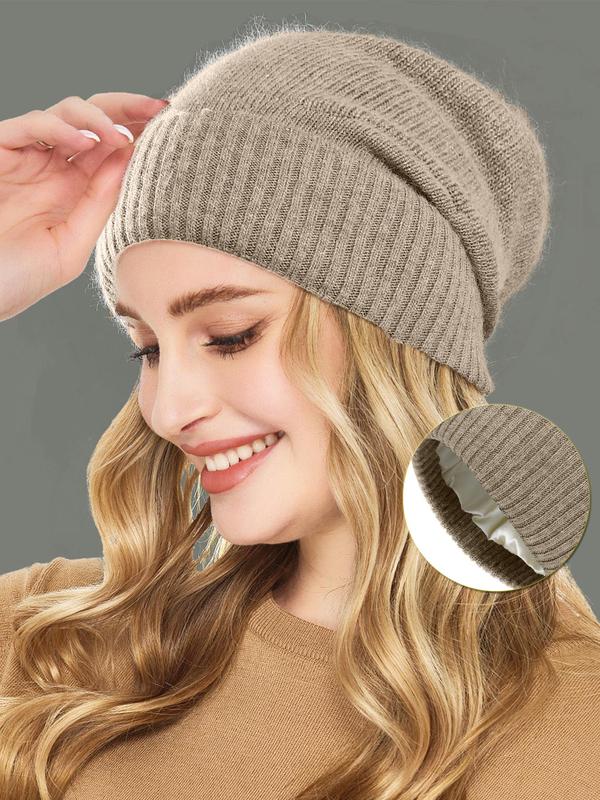 Solid Color Cashmere Wool Blend Satin Lining Beanie Hat, Casual Soft Warm Knit Hat for Fall & Winter, Fashion Accessories for Both Men & Women