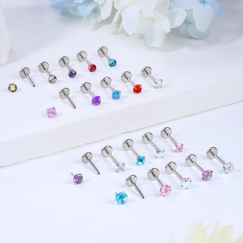 MILACOLATO 20G 18G Threadless Push In Nose Rings Studs 316L Surgical Steel Pushin Nose Stud 3mm Rainbow Crystal Opal Nose Rings Hypoallergenic Nostril Piercing Jewelry for Women Men 20count