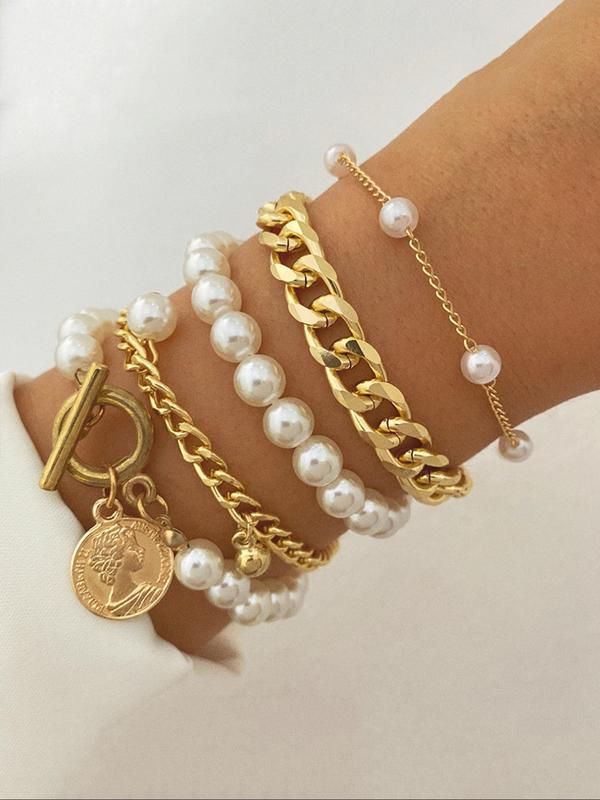 Faux Pearl Decorated Beaded Bracelet & Link Chain Bracelet, 5 Styles Bracelet Set for Women & Girls, Fashion Jewelry for Party, Daily Decor, Trendy All-match & Exquisite Jewelry for Gift